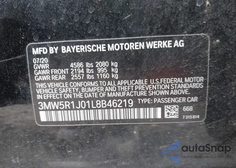 2020 BMW 330I from USA, damaged, VIN 3MW5R1J01L8B46219